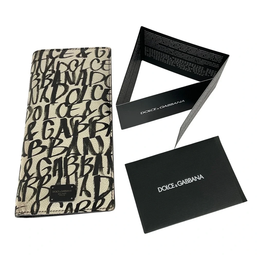 DOLCE & GABBANA Graffiti Print Dauphine Leather Long‎ Wallet White Black Box